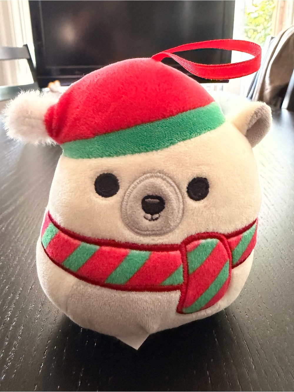 Squishmallows Cream Holiday Bear with Red & Green Hat and Scarf Ornament